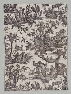 Fragmento de algodón impreso con diseño "Las cuatro partes del mundo" de firm of Christophe Philippe Oberkampf
