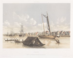 Vista del paseo marítimo y la rada de Paramaribo Vistas desde las Indias Occidentales de los Países Bajos (título de la serie) de jonkheer Jacob Eduard van Heemskerck