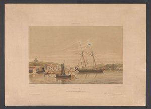 Puerto de Willemstad Curazao. Atracadero de buques de guerra en el puerto (título sobre el objeto) West Indies (título de la serie sobre el objeto) Vistas desde las Indias Occidentales de los Países Bajos (título de la serie) de jonkheer Jacob Eduard van Heemskerck