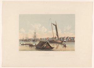 Costanera y rada en Paramaribo Surinam. Vista de Waterkant y Roadstead de Paramaribo (título sobre objeto) de jonkheer Jacob Eduard van Heemskerck