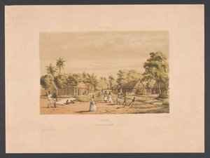 Hogares de personas esclavizadas en una plantación de Surinam Surinam. Un campamento de esclavos en una plantación (título sobre el objeto) West Indies (título de la serie sobre el objeto) Vistas desde las Indias Occidentales de los Países Bajos (título de