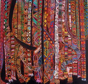 Tejido de cintura, 2014 (mixto, acrílico, tinta, óleo) de linda arthurs