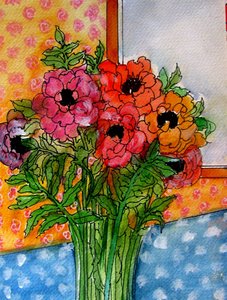 Flores en jarrón, 2014 (acuarela, tinta) de linda arthurs