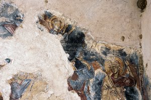 Ángel y santo, detalle del fresco en la iglesia de Agios Georgios Apodoulou, Apodoulou, Creta, Grecia de Theodore Charles Ange Coquelin