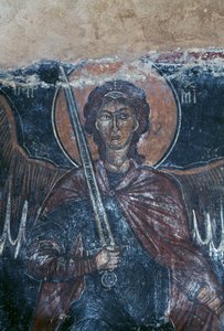 Ángel con espada, fresco en la iglesia bizantina de San Jorge, Komitades, Creta, Grecia