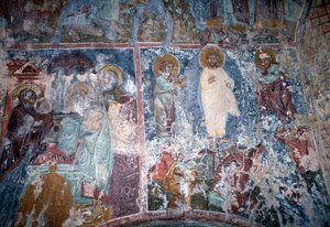 Cristo y santos, fresco en la iglesia bizantina de Sotiras Christos, Vlithias, Creta, Grecia