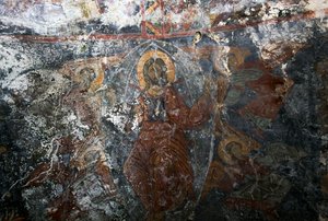 Cristo con ángeles y santo, fresco en la iglesia de Panagia, Kitiros, Creta, Grecia de Theodore Charles Ange Coquelin