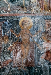 Martirio de Cristo, fresco en la iglesia bizantina de San Jorge, Komitades, Creta, Grecia de Theodore Charles Ange Coquelin