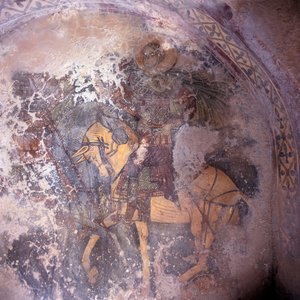 Santo a caballo, fresco en la iglesia en Prodromi, Creta, Grecia