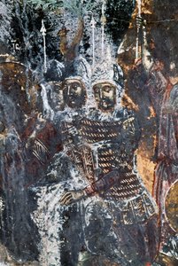 Soldado, fresco dañado en el techo de la iglesia de Agios Vasileios, Vavouledo, Creta, Grecia de Theodore Charles Ange Coquelin