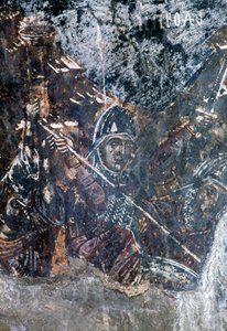 Soldado, fresco dañado en el techo de la iglesia de Agios Vasileios, Vavouledo, Creta, Grecia de Theodore Charles Ange Coquelin