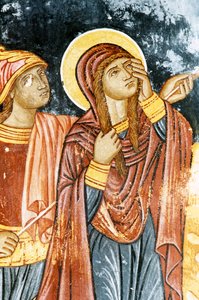 San Longinos y María, escena de la Crucifixión, fresco en el monasterio de Mikro Sotiris, isla de Symi, Grecia de Theodore Charles Ange Coquelin