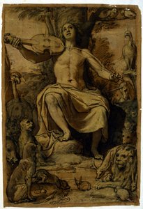Orfeo encantando a los animales con la música de un violín. Dibujo de Federico Zuccari de or Zuccaro Federico Zuccari