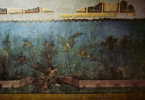 Fresco que representa un jardín con árboles y pájaros, de la Casa de Livia en la colina Palatina, Roma, Italia. Civilización romana de Unbekannt Unbekannt