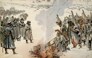 Campaña de Rusia (1812): Durante la retirada de Rusia, Napoleón I Bonaparte (1769-1821) ordenó quemar banderas y águilas para evitar que el enemigo las tomara. En "Napoleón" de Georges Montorgueil. Ilustración de Jacques Marie Gaston Onfray de pseudonym for Onfray de Breville Jacques Job