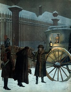 Derrotado en la campaña rusa y regresado a París: Napoleón I Bonaparte (1769-1821) en una silla de manos llegó a las Tullerías el 18 de diciembre de 1812 a las 11 de la noche después de la retirada rusa. En "Napoleón" de Georges Montorgueil. Ilustración de de pseudonym for Onfray de Breville Jacques Job