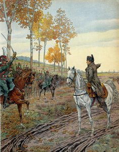 El Emperador Napoleón I Bonaparte (1769-1821) arengó al segundo regimiento de cazadores a caballo en 1806 durante la campaña de Prusia (Alemania) antes de la Batalla de Jena el 14 de octubre de 1806. En “Napoleón” de Georges Montorgueil. Ilustración de Jac