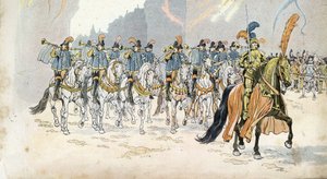 Entrada del Rey Carlos VI (1368-1422) en París acompañado de treinta trompetas. en 