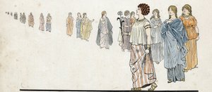 Mujeres de los “hombres libres” (ciudadanos libres) vistiendo sus vestidos abrochados en el hombro y pesadas joyas en los brazos. en “Francia, su historia contada por G. Montorgueil, ilustrada por Job” 1896. Colección privada.