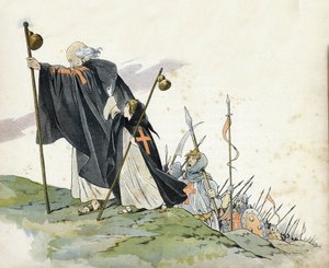 Primera Cruzada: Pedro el Ermitaño (1050-1115) lidera la Cruzada al grito de “¡Dios lo quiere!”. Lleva un abrigo, golpea con una cruz y sostiene un báculo de peregrino. Una niña que simboliza a Francia lo acompaña. en “Francia, su historia contada por G. M