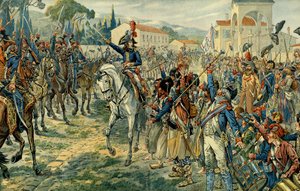 Primera campaña italiana (1796-1797): Napoleón I Bonaparte (1769-1821) revisó el ejército de Italia en Niza el 27 de marzo de 1796. Ilustración de Jacques Marie Gaston Onfray de Breville dit JOB (1858-1931). Colección privada