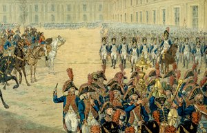 Primera revisión de la guardia consular en el patio de las Tullerías por Napoleón I Bonaparte (1769-1821). Después de la adopción de la Constitución en 1800, el gobierno dejó el Peer-Luxembourg para instalarse en las Tullerías. de pseudonym for Onfray de Breville Jacques Job