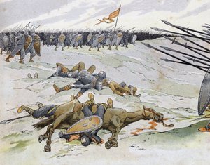 Guerra franco-inglesa (1202-1214): soldados muertos en la Batalla de Bouvines el 27/07/1214 que opuso al ejército francés de Felipe Augusto contra los flamencos y güelfos de Otón IV. en “Francia, su historia contada por G. Montorgueil, ilustrada por Job” 1 de pseudonym for Onfray de Breville Jacques Job