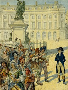 Revolución Francesa 1789: Napoleón I Bonaparte (1769-1821) amenazado por la multitud de los sans-culottes el 10 de agosto de 1792 cerca de la Estatua de Luis XIV (1638-1715) por Desjardins antes de ser derrocada, Place des Victoires en París. Ilustración de pseudonym for Onfray de Breville Jacques Job