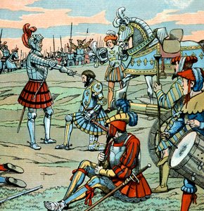El rey francés Francisco I es nombrado caballero por Bayard justo después de la batalla de Marignan en septiembre del 14 de pseudonym for Onfray de Breville Jacques Job