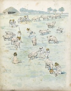 Niños galos jugando con cerdos en un campo. en "Francia, su historia contada por G. Montorgueil, ilustrada por Job" 1896. Colección privada. de pseudonym for Onfray de Breville Jacques Job