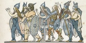 Guerreros galos con sus cascos, espadas y escudos. en 