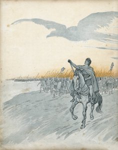 Guerra de las Galias: Cayo Julio César (entonces Julio César) (100-44 a.C.) y su ejército invaden la Galia. La sombra de un águila, símbolo del Imperio Romano, aparece en el cielo. en “Francia, su historia contada por G. Montorgueil, ilustrada por Job” 189