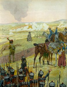 Campaña alemana en 1813: Napoleón I Bonaparte (1769-1821) sentado en un tambor reflexionando sobre su estrategia de combate durante la Batalla de Bautzen el 20 y 21 de mayo de 1813. En “Napoleón” de Georges Montorgueil. Ilustración de Jacques Marie Gaston 