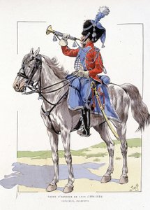 Guardia de Honor de Lyon de 1804 a 1814, Trompeta a caballo - en “Hue des troupes de France”, ill. de Job
