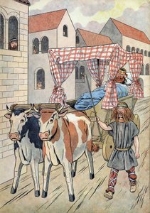 Historia de Francia. Escena que representa a los reyes perezosos en juguetes: Rey de Francia Thierry III (673-691) en un tanque con una cama tirada por bueyes. En "Joujoux a l