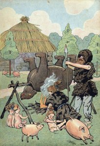 Historia de Francia. Escena de la Galia bárbara con juguetes: un galo y un galo vestidos con piel de animal cocinan un oso para alimentar a su familia. en “Joujoux à l
