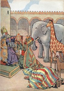 Historia de Francia. Escena de la vida de Carlomagno en juguetes: el Califa Haron Al Rashid le da al Rey de Francia Carlomagno (742-814) una jirafa, un elefante y un reloj. En 