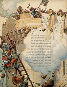 Historia de Francia en la Edad Media: Jeanne Laisné llamada Jeanne Hachette (fallecida en 1454) defendiendo la ciudad de Beauvais con otras mujeres arrojando aceite hirviendo desde lo alto de las torres durante el asedio de la ciudad en 1472 por el rey Car de pseudonym for Onfray de Breville Jacques Job