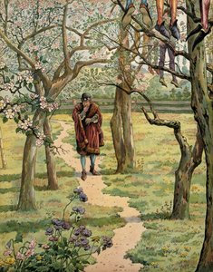 Historia de Francia en la Edad Media: El Rey Luis XI conocido como el Prudente (1423-1483) en los jardines del castillo de Plessis-les-Tours, Indre y Loira. Se veían personas colgadas de los árboles de pseudonym for Onfray de Breville Jacques Job