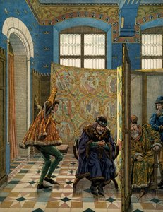 Historia de Francia en la Edad Media: Uno de los caballeros del Condestable de Saint Pol se burla del rey de Inglaterra (su aliado) ante el rey de Francia Luis XI llamado el Prudente (1423-1483) cuando un emisario de Eduardo IV vino a encontrarse con él