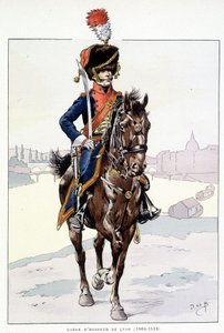 Jinete de la guardia de honor de Lyon (1804-1814) - en "Outfit of the troops of France: Armee de terre et de mer à toutes les epoques", ilustrado por Job de pseudonym for Onfray de Breville Jacques Job
