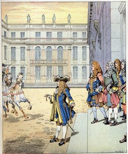 ¡Casi esperé! palabras del rey de Francia Luis XIV, conocido como Rey Sol (1638-1715) dichas frente al castillo de Versalles cuando sus carruajes llegaron a la hora precisa. Ilustración de Job (Jacques Onfray de Breville)