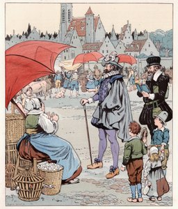 Me gustaría saber el precio de un liard. Rey de Francia ENRIQUE IV (1553-1610) en una marcha. Ilustración de Job (Jacques Marie Gaston Onfray y Breville) para el libro “Les grands mots historiques du pays de France” 1915. Colección privada.
