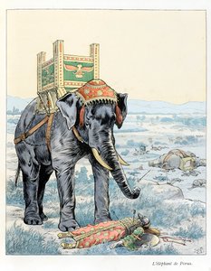 Ilustración del libro "A la gloire des betes" texto de A Fabre, dibujos de Jacques Marie Gaston Onfray de Breville, conocido como JOB (1858-1931), editor Maison Alfred Mame et fils: El elefante de Porus (En la Batalla de Hidaspes en 328 a.C. Porus derrotad de pseudonym for Onfray de Breville Jacques Job