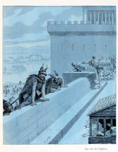 Ilustración del libro “A la gloire des betes” texto de A Fabre, dibujos de Jacques Marie Gaston Onfray de Breville dit JOB (1858-1931), editor Maison Alfred Mame et fils: Les goies du Capitole (890 a.C.), los galos sitian Roma, Colección Parcial de pseudonym for Onfray de Breville Jacques Job