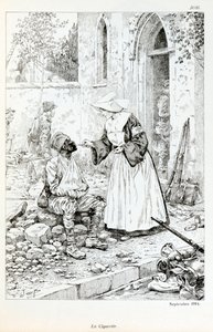 Ilustración del libro “La Gran Guerra por los artistas”: “El cigarrillo septiembre 1914” religioso dando un cigarrillo a un soldado herido