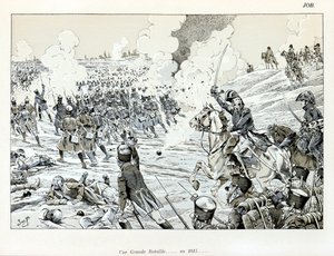 Ilustración del libro "La Grande Guerre par les artistes": Una gran batalla en 1815 por Jacques Marie Gaston Onfray de Breville, conocido como JOB (1858-1931), Colección Parcial de pseudonym for Onfray de Breville Jacques Job