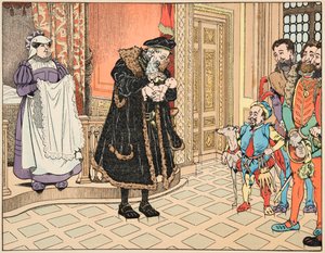 Ilustración del libro “Le bon roy Henri”, ilustrado por Jacques Marie Gaston Onfray de Breville dit JOB (1858-1931): Nacimiento de Enrique IV, su abuelo, Enrique d