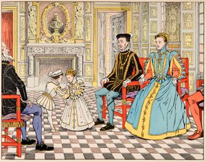 Ilustración del libro “Le bon roy Henri”, ilustrado por Jacques Marie Gaston Onfray de Breville dit JOB (1858-1931): Antoine de Borbón lo llevó a París y lo presentó a su primo Enrique II, quien le ofreció la mano de su hija Margarita de pseudonym for Onfray de Breville Jacques Job