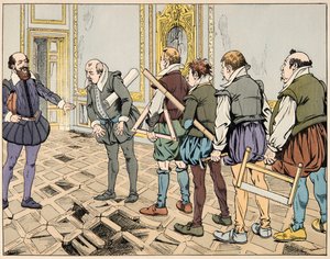 Ilustración del libro “Le bon roy Henri”, ilustrado por Jacques Marie Gaston Onfray de Breville dit JOB (1858-1931): Sully (Maximiliano de Béthune) muestra una economía severa